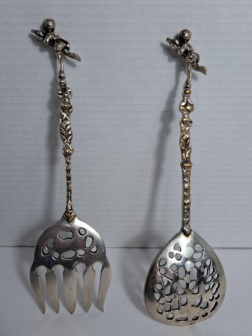 Vintage Ugo Bellini Ornate Cherub Salad Serving Set Silver Plated Brass Nice set